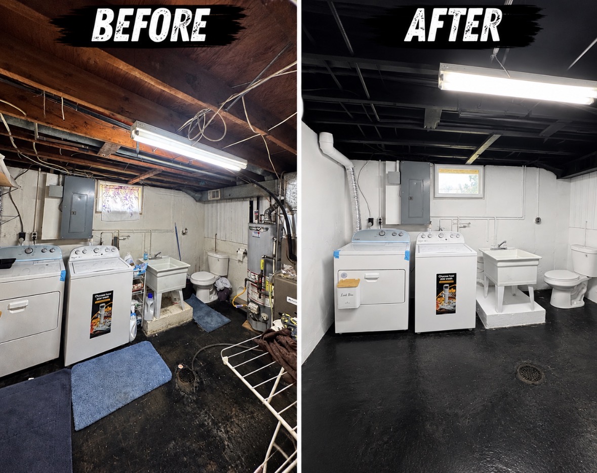 Before and after basement laundry room renovation